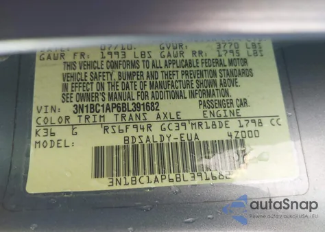 2011 Nissan Versa 1.8S z USA, uszkodzony, nr VIN 3N1BC1AP6BL391682